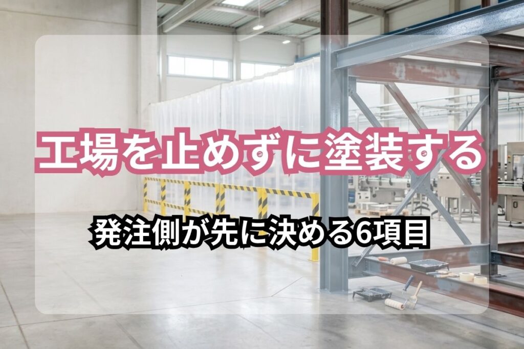 工場を止めずに塗装する 発注側が先に決める6項目の文字が入った、安全柵とシートで区切られた工場内の塗装エリア