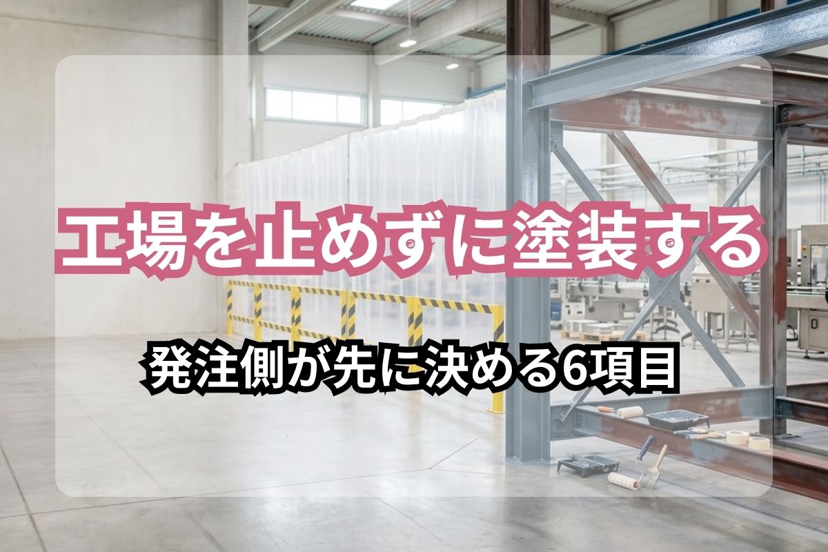 工場を止めずに塗装する 発注側が先に決める6項目の文字が入った、安全柵とシートで区切られた工場内の塗装エリア