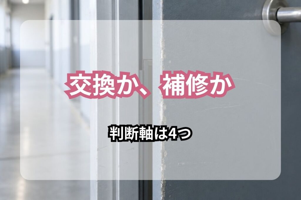 工場の通路にある金属製の扉とアルミ製の枠。表面の塗装が摩耗し、扉の縁に細かい傷が見えている