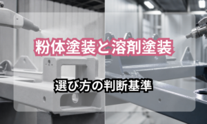 粉体塗装と溶剤塗装の選び方の判断基準。左は粉体塗装、右は溶剤塗装の吹き付け作業の様子