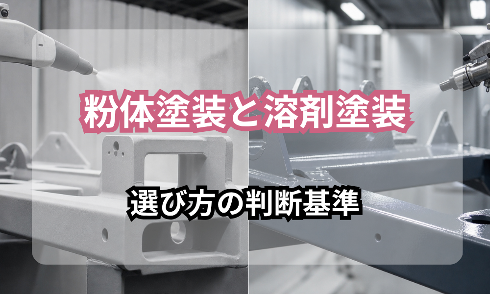粉体塗装と溶剤塗装の選び方の判断基準。左は粉体塗装、右は溶剤塗装の吹き付け作業の様子