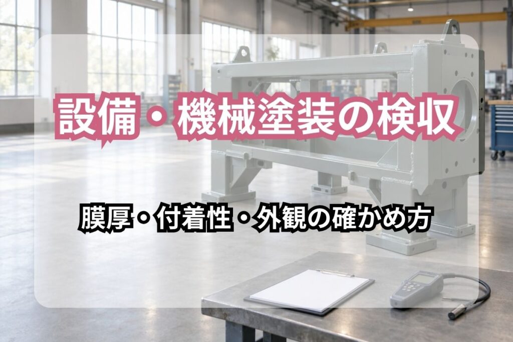 設備・機械塗装の検収のイメージ。塗り替えた機械フレームの前の作業台に点検表と膜厚計。「設備・機械塗装の検収／膜厚・付着性・外観の確かめ方」の文字を重ねた見出し画像