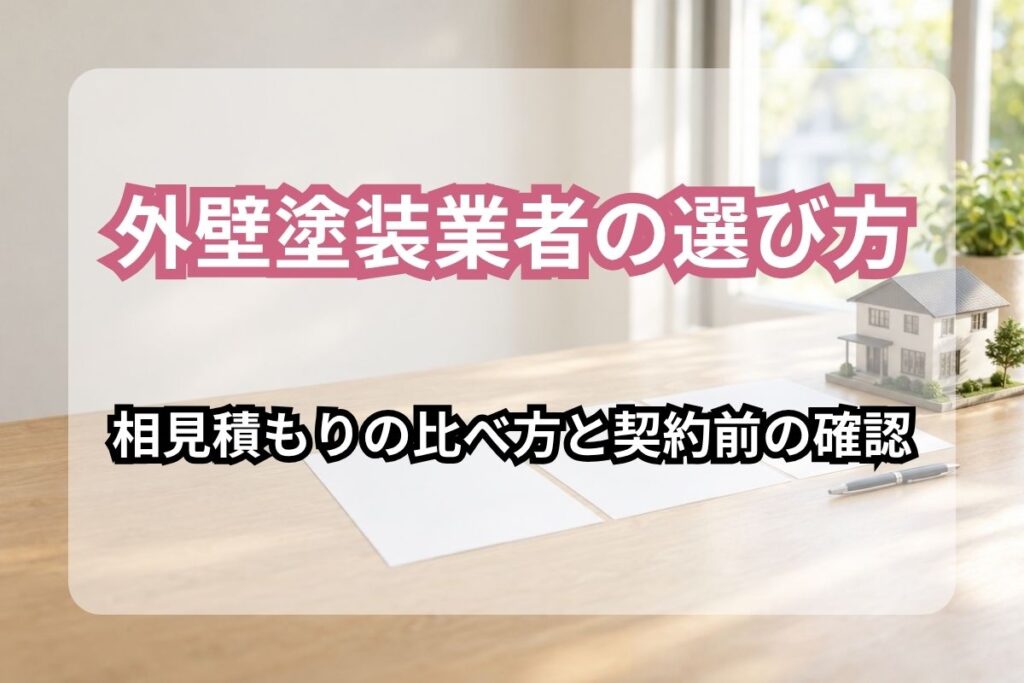 机に置いた見積書と住宅の模型の写真に、文字「外壁塗装業者の選び方」「相見積もりの比べ方と契約前の確認」を入れたアイキャッチ