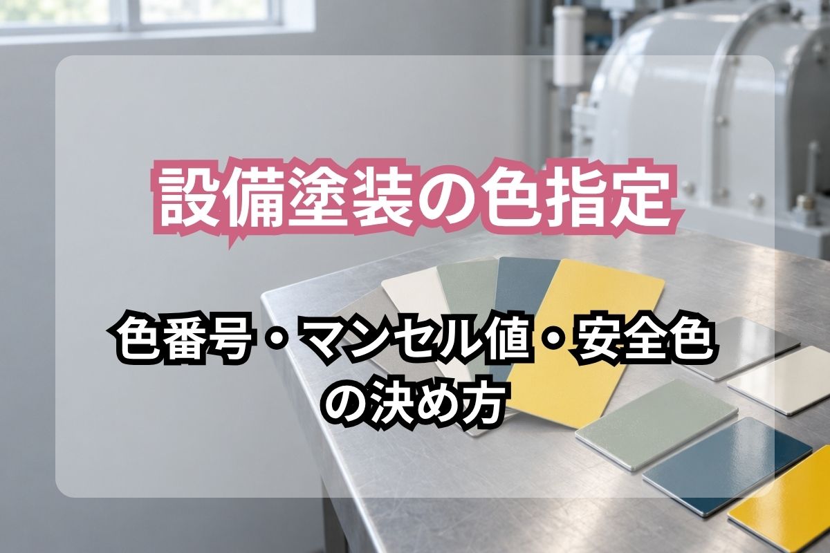 色見本カードと塗装した金属板が作業台に並ぶ工場の作業場。「設備塗装の色指定 色番号・マンセル値・安全色の決め方」の文字入り