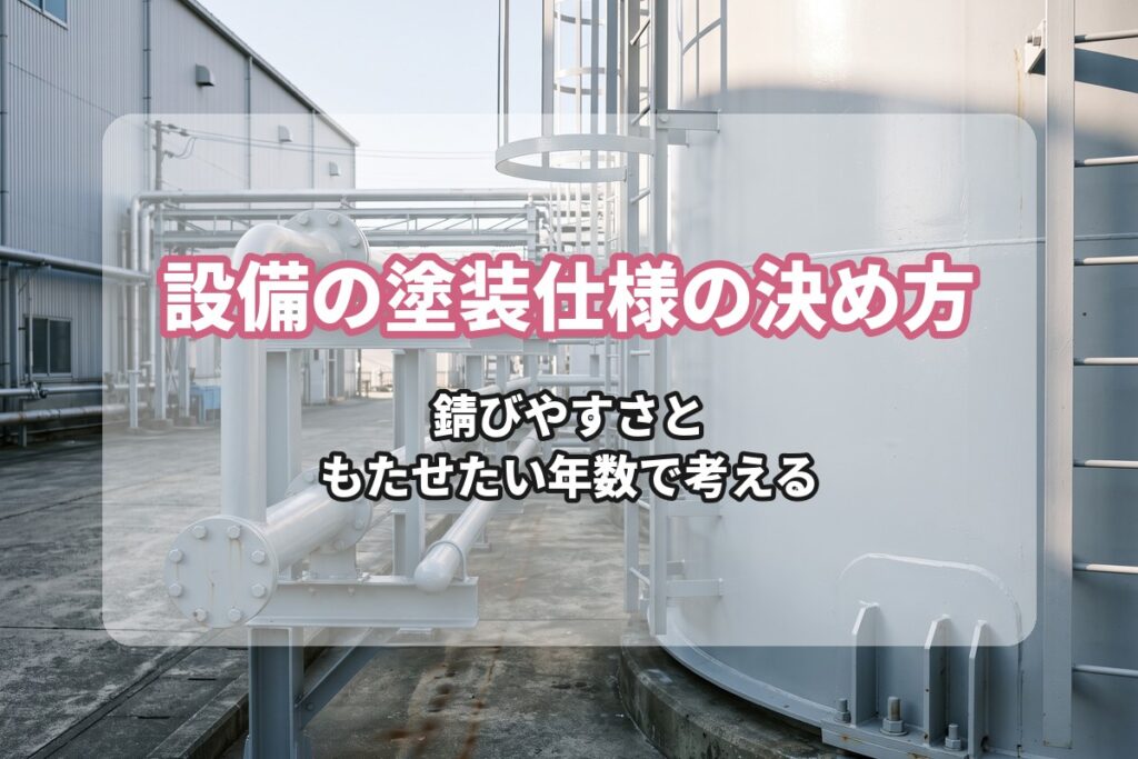 「設備の塗装仕様の決め方 錆びやすさと もたせたい年数で考える」の文字を入れた、明るい灰色に塗装された屋外の配管架台とタンク