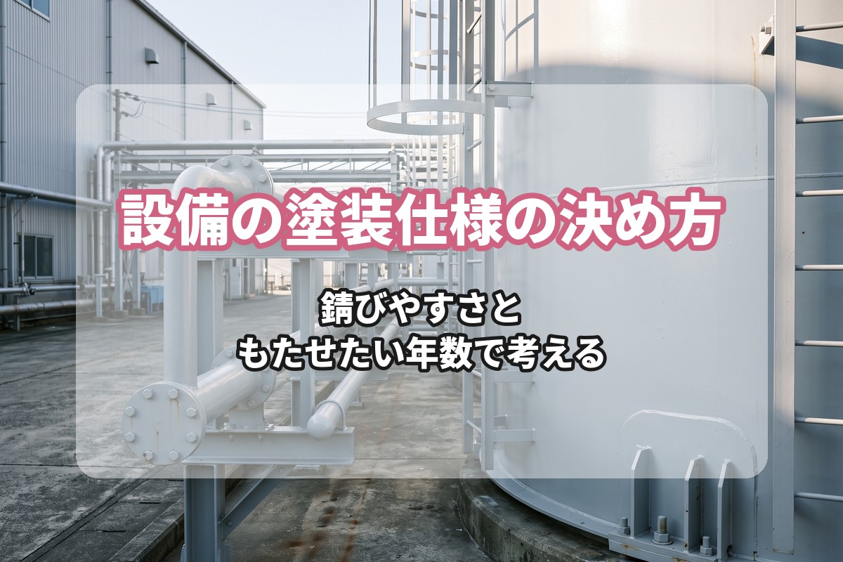 「設備の塗装仕様の決め方 錆びやすさと もたせたい年数で考える」の文字を入れた、明るい灰色に塗装された屋外の配管架台とタンク