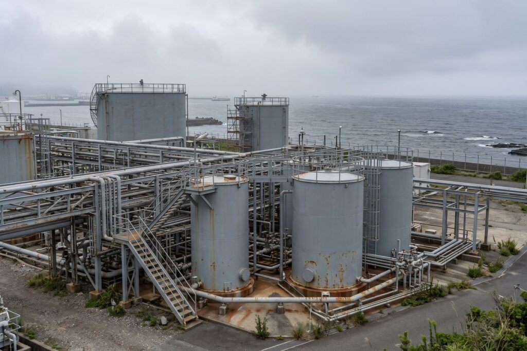 海に近い工業地帯に並ぶ灰色の貯蔵タンクと配管架台。地面に近い鋼材やタンクの下部に錆が出ている