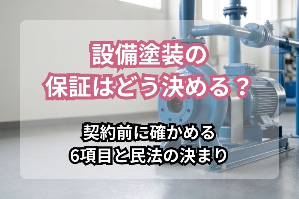 工場の床に据え付けられた水色の塗装の産業用ポンプと配管。「設備塗装の保証はどう決める？」「契約前に確かめる6項目と民法の決まり」の文字