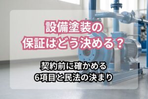 工場の床に据え付けられた水色の塗装の産業用ポンプと配管。「設備塗装の保証はどう決める？」「契約前に確かめる6項目と民法の決まり」の文字