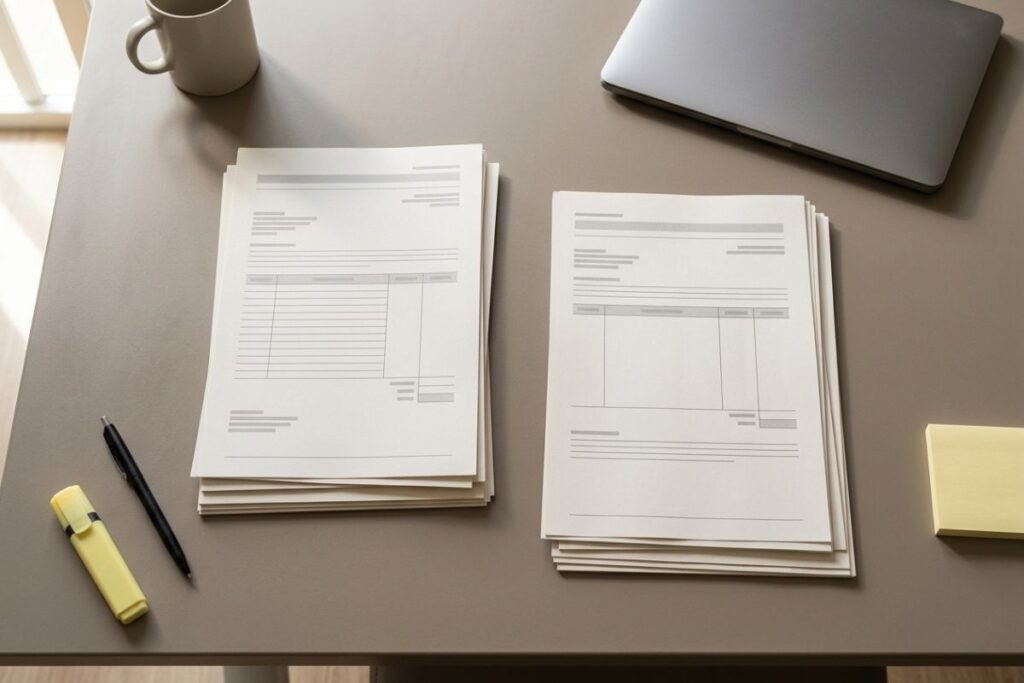 事務机の上に2社分の見積りの書類とペンを並べ、設備塗装の保証条件を比べている様子