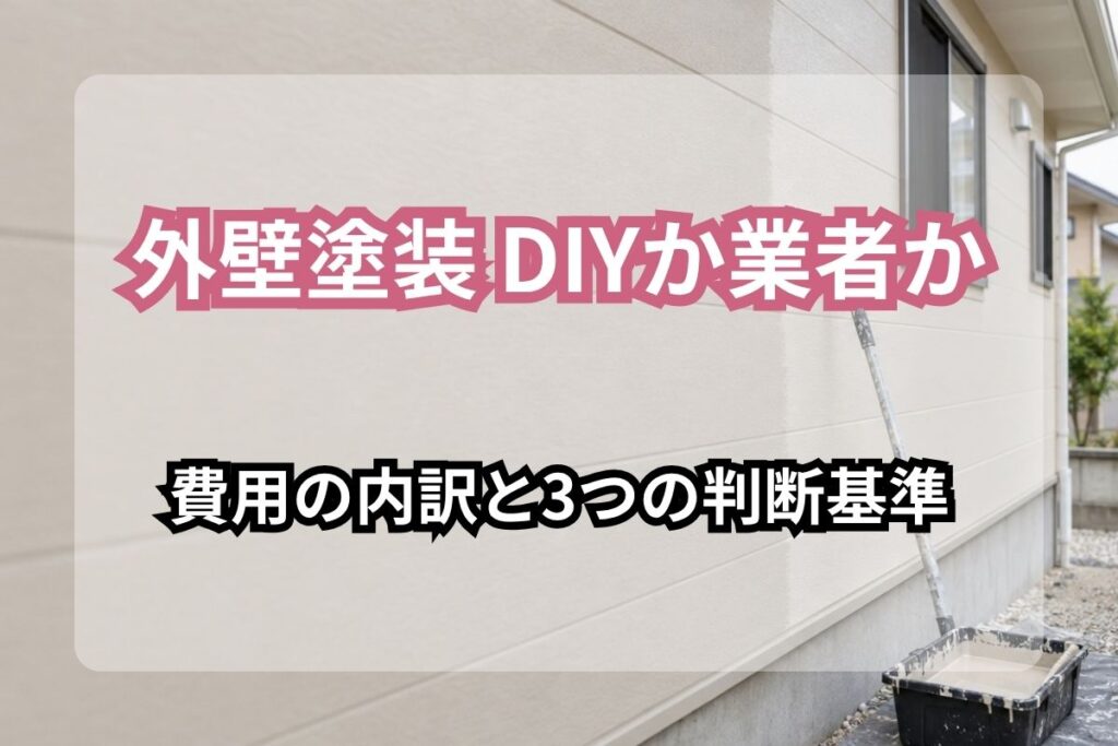 住宅の外壁と塗装用ローラーのイメージに、文字「外壁塗装 DIYか業者か」「費用の内訳と3つの判断基準」を入れたアイキャッチ