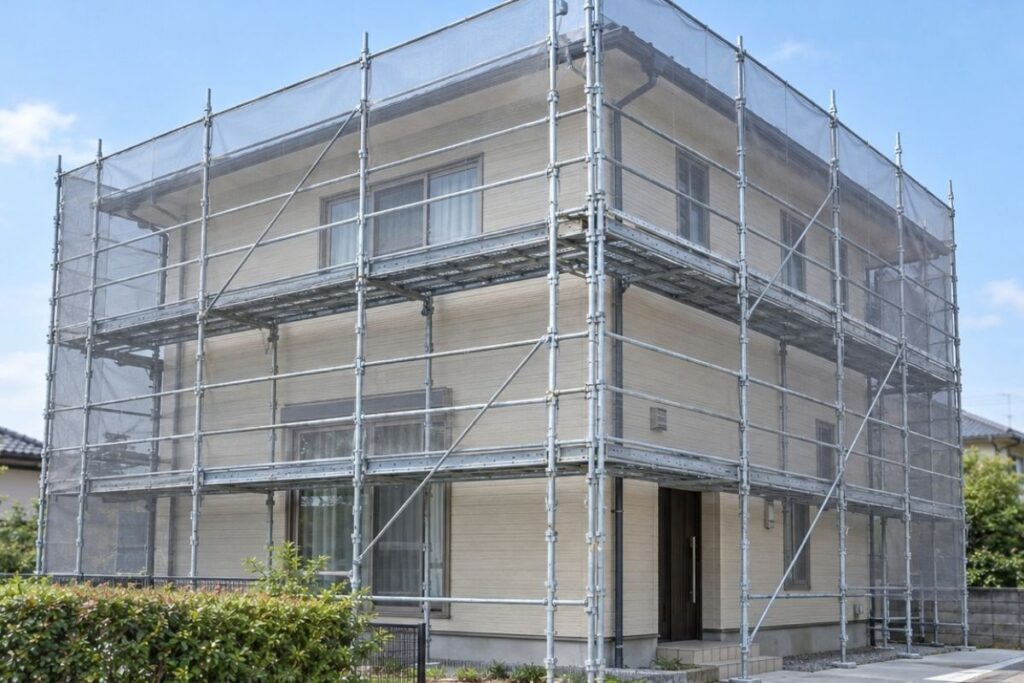 2階建て住宅の外周に組まれた足場と作業床、メッシュシート。高い位置の外壁を塗るために必要な設備の様子