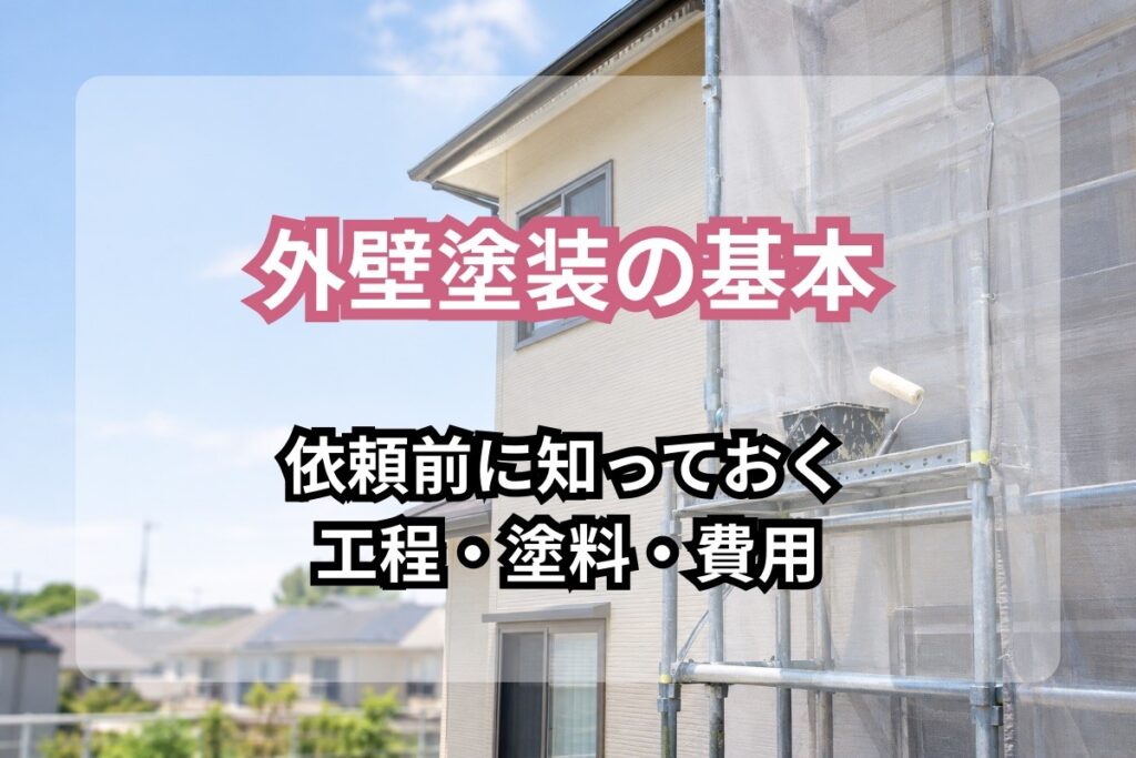 足場と飛散防止ネットがかかった2階建て住宅の外壁と青空に「外壁塗装の基本」「依頼前に知っておく工程・塗料・費用」の文字を重ねたアイキャッチ