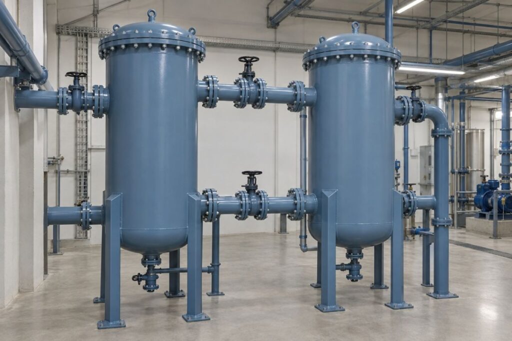 屋内の機械室に据え付けられ、青灰色に塗装された縦型の鋼製ろ過器2基と配管・バルブ