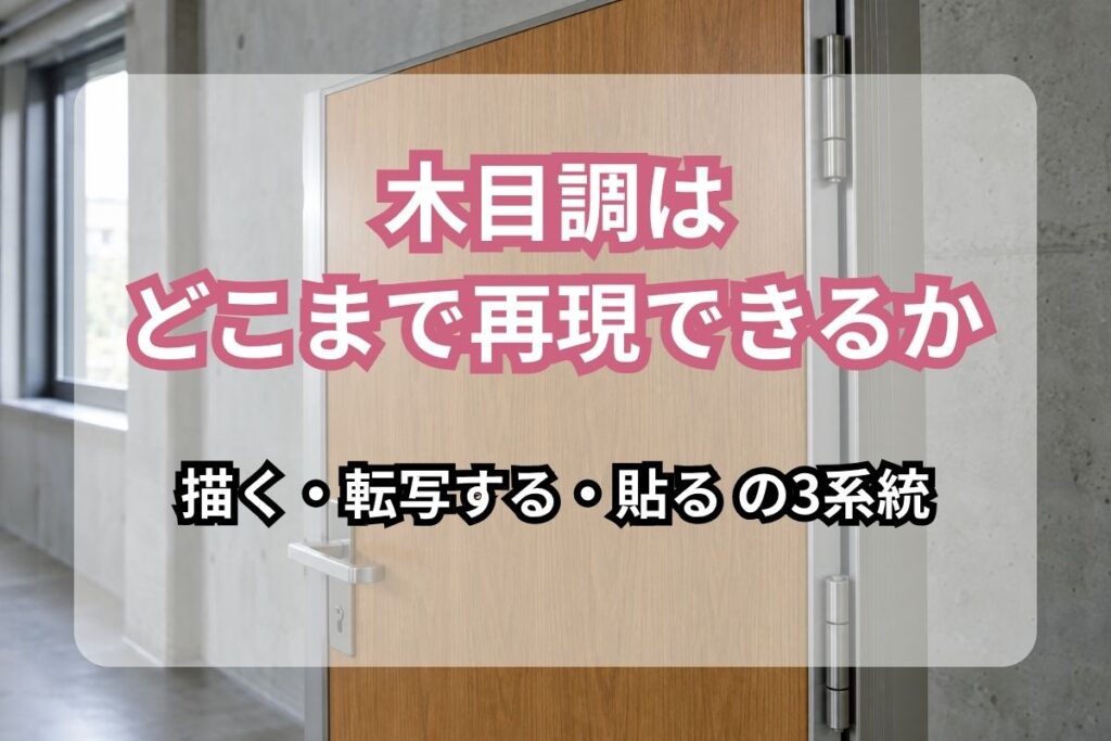 コンクリート壁の通路にある木目調仕上げの扉とアルミ枠。「木目調はどこまで再現できるか／描く・転写する・貼る の3系統」の文字を重ねた見出し画像